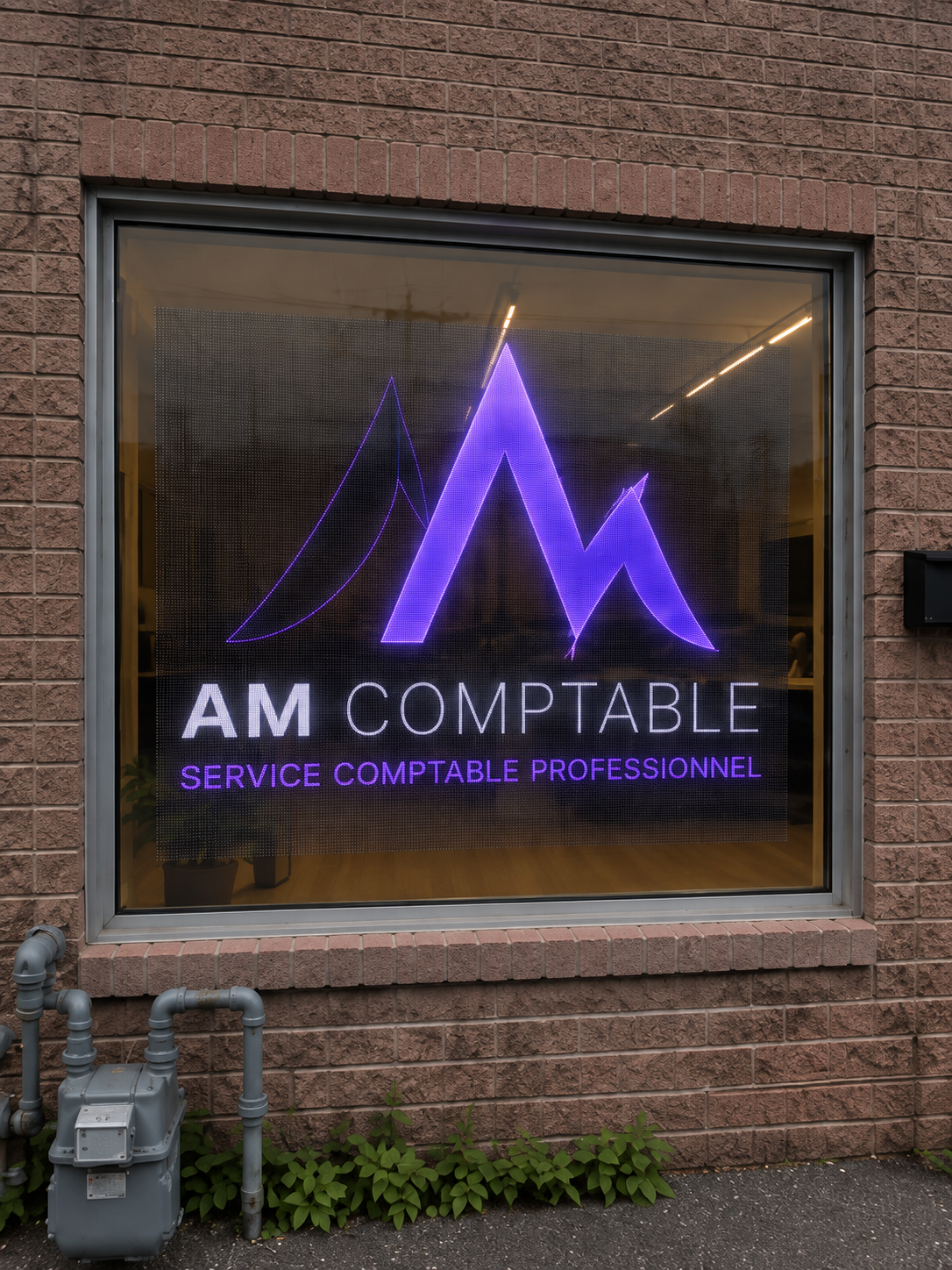 Simulation d’un écran LED transparent sur la vitrine AM Comptable