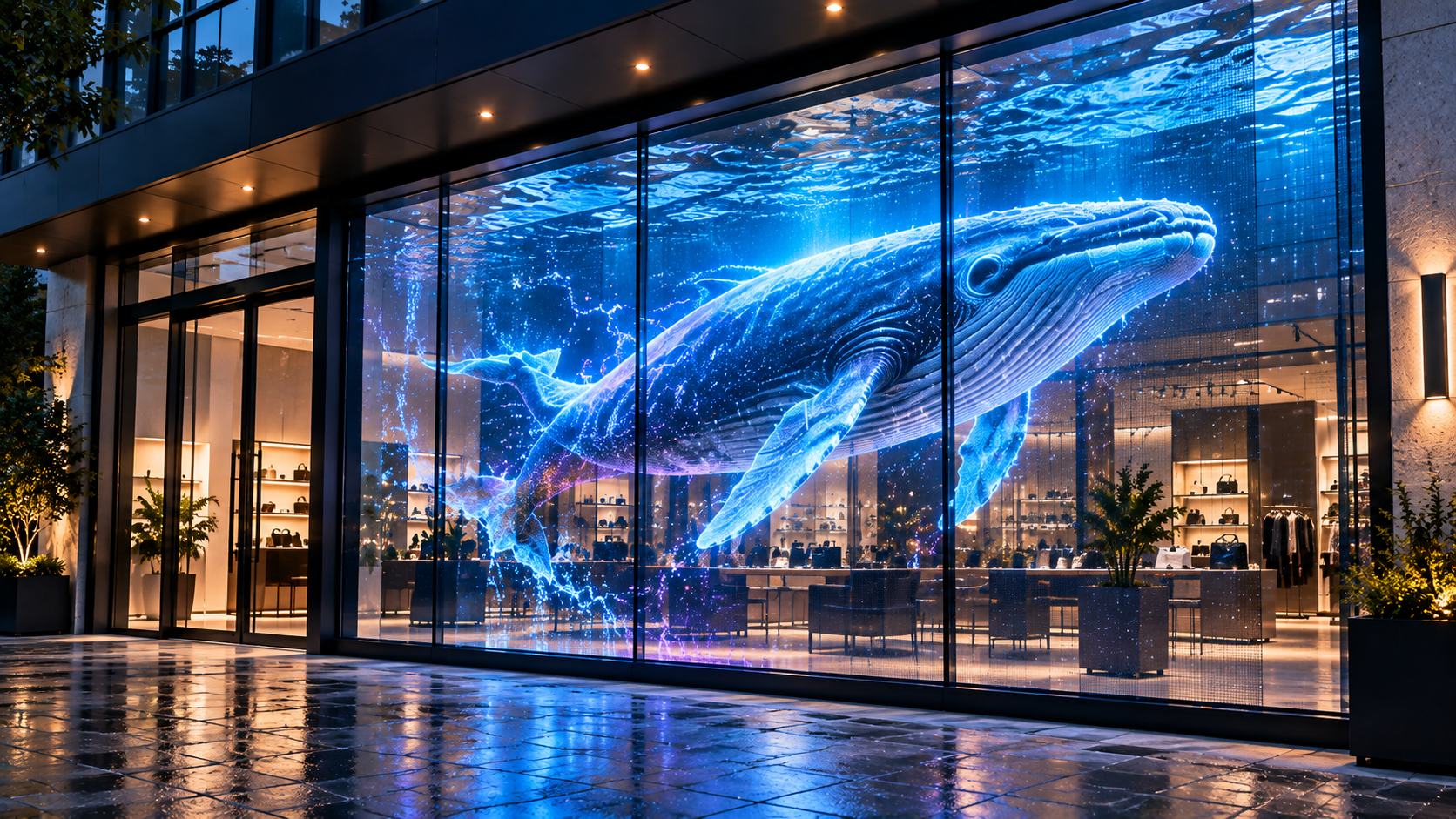 Vitrine NOVEXA avec affichage LED transparent en forme de baleine